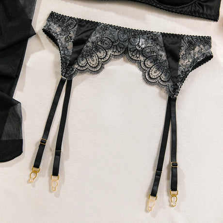 Wedding Night Gift 3 Piece Black Lace Lingerie Set for Women Bra with Garter Belt and Thong Sexy Bridal Underwear