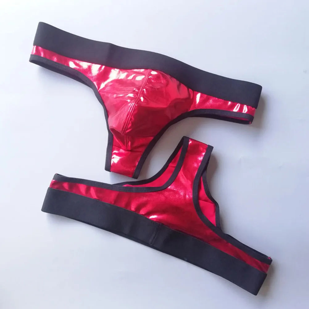 1pc Men Lacquer Leather Sexy Thong Nightclub  Gay Sissy Breathable Pouch Underwear Underpants High Stretch Panties G-String