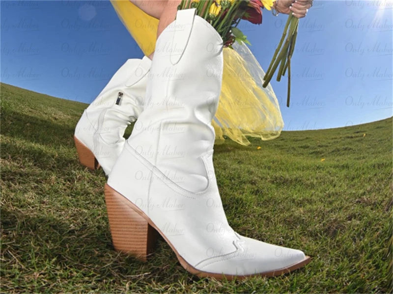 Onlymaker Women Pointed Toe Mid-Calf Boot Matte Black Sewing Embroidered Thick Heels Zipper Winter  Big Size Cowboy Boots