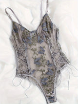 Porn Suit Floral Lace Embroidery Bodysuit Women Sexy Lingerie Bandage See Through Deep V Backless Body Suit Exotic Underwear