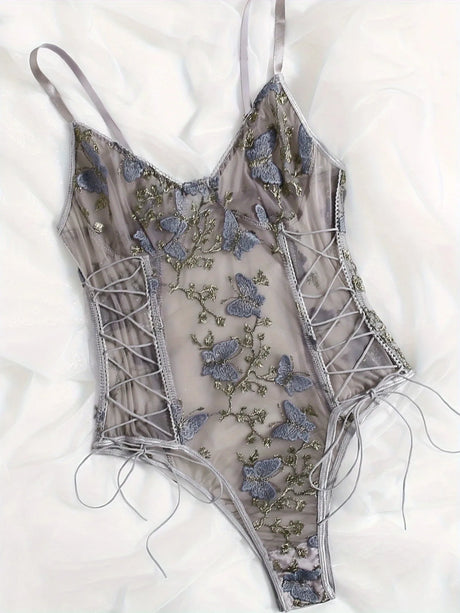 Porn Suit Floral Lace Embroidery Bodysuit Women Sexy Lingerie Bandage See Through Deep V Backless Body Suit Exotic Underwear