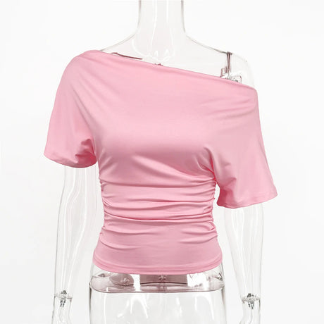 Talenza Summer One Shoulder Tops Fashion Slim Shrink Short Sleeve T-Shirts Sexy Party Y2k Streetwear Solid Pullover Tops Women
