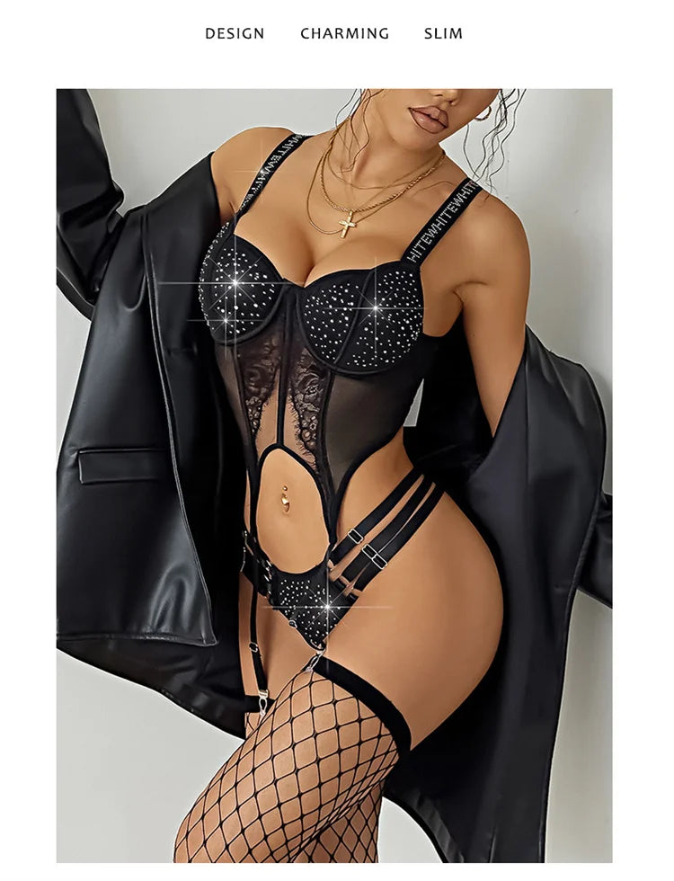 Sexy Lingerie Shiny Rhinestones Bra and Panties Set Charming Erotic Lingerie Soft Steel Ring Push Up Bralette 3 Pcs Lingerie Set