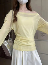 See Through Long Sleeve Oversize T Shirt Women Sexy Back Bandage Off Shoulder Top Female Basic Long Tees Korean Chic Lady New