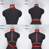 Red Leather Choker Necklace & Body Harness Set - Adjustable Straps, Punk Gothic Style, Waist Belt Jewelry Accessory for Women