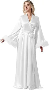 Long Feather Sleeve Bathrobe Sexy Ice Silk Kimono Wedding Bride Dress Women Loose Sleepwear Loungewear Casual Nightgown
