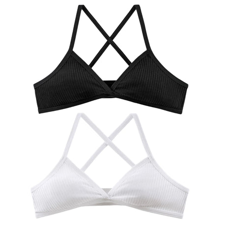 2Pcs/Set Ribbed Cross Back Triangle Bralette Set Women Spaghetti Strap Breathable Daily Bra Wireless Casual Daily Lingerie S-L