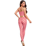 Christmas Candy Cane Women Cosplay Jumpsuit Gold Waistband Spaghetti Strap Romper Holiday Fancy Dress Xmas Themed Party Costume