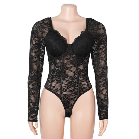 Women Sexy Lace Long Sleeve Bodysuit Underwire Square V Neck Open Crotch Clubwear Top Plus Size Snap Closure Teddy Lingerie