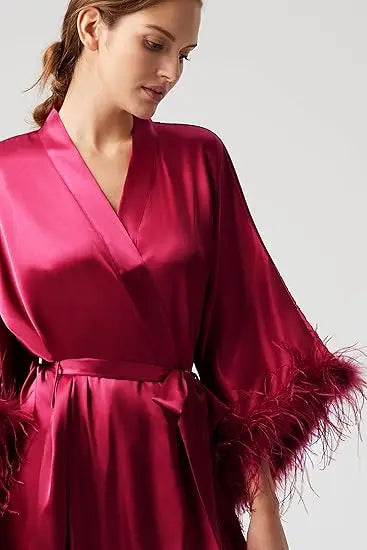 Feather Robe Long Cardinal Red Bridal Lingerie Softest Bridal Robe with Feather Boudoir Silk Kimono Bridesmaid Dressing Gown New