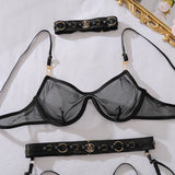 2026 Fashion Heavy Crafted Metal Decorative Lingerie Set with Buckle Women Mesh Transparent Bra Lady Sexy Body Shaping Underwear