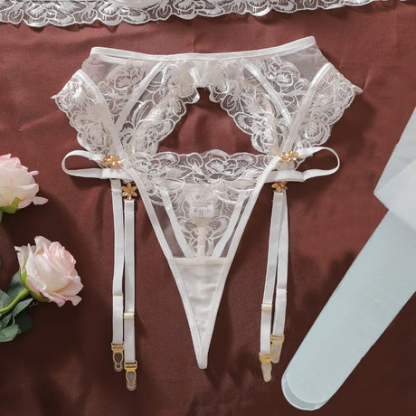 Women's Burgundy Lace Lingerie Set Underwire Bra Thong Panty Garter Straps Stockings Floral Embroidery Sexy Underwear Outfit