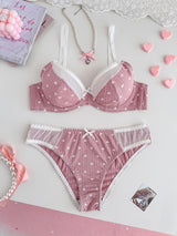 Women Pink Heart Print Lingerie Set Lace Mesh Trim Underwire Bra & Panties Soft Comfort Daily Intimates