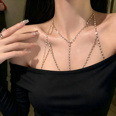 Luxury Square Zircon Chest Chain Multilayer Silver Metal Beads Body Chain Sexy Beach Bikini Jewelry Gift For Women