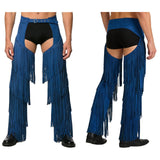 Mens Western Cowboy Chaps Fuax Suede Tassel Hollow Out Open Crotch Long Pants Adjustable Buckles Waist Motorcycle Biker Trousers