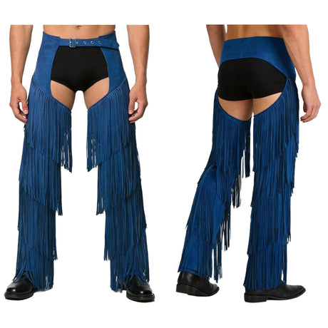 Mens Western Cowboy Chaps Fuax Suede Tassel Hollow Out Open Crotch Long Pants Adjustable Buckles Waist Motorcycle Biker Trousers