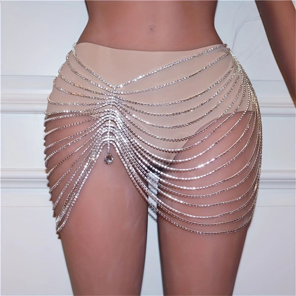 Sexy Shiny Tassel Crystal Waist Chain Women's Jewelry Fashion Luxury Nightclub Bridal Party Water Drop Pendant Body Chain