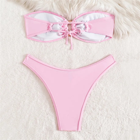 Pink Shiny Glitter Mesh Bandeau Bikinis Sets Sexy Swimsuit Woman 2026 Metal Ring Swimwear High Cut Bathing Suit Bikini De Mujer
