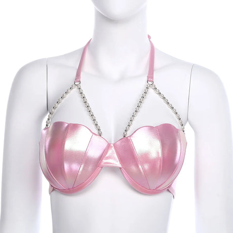 Women Shiny Bikini Bra Top Halter Neck Sheel Mermaid Swimwear Bead Chains Padded Bra Swim Tops Hawaii Beach Party Bathing Suit