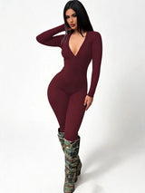 Women High Stretch Ribbed Knit Long Sleeve Jumpsuit Deep V Neck Slim Fit Tight Full Length Bodysuit Pants Casual Club Outfit