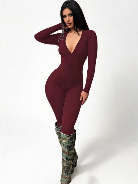 Women High Stretch Ribbed Knit Long Sleeve Jumpsuit Deep V Neck Slim Fit Tight Full Length Bodysuit Pants Casual Club Outfit