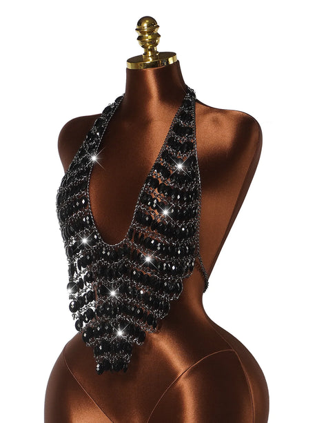 Women Sexy Backless Shine Diamond Body Chain Exotic Tanks Novelty Hollow Out Chest Chains Decor Bustier Tops Nightbar Clubwear