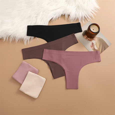 FINETOO 3PC Women Seamless Panties Sexy Brazilian Thong Female Low Waist Solid Color Briefs Comfortable Invisible G-string Panty