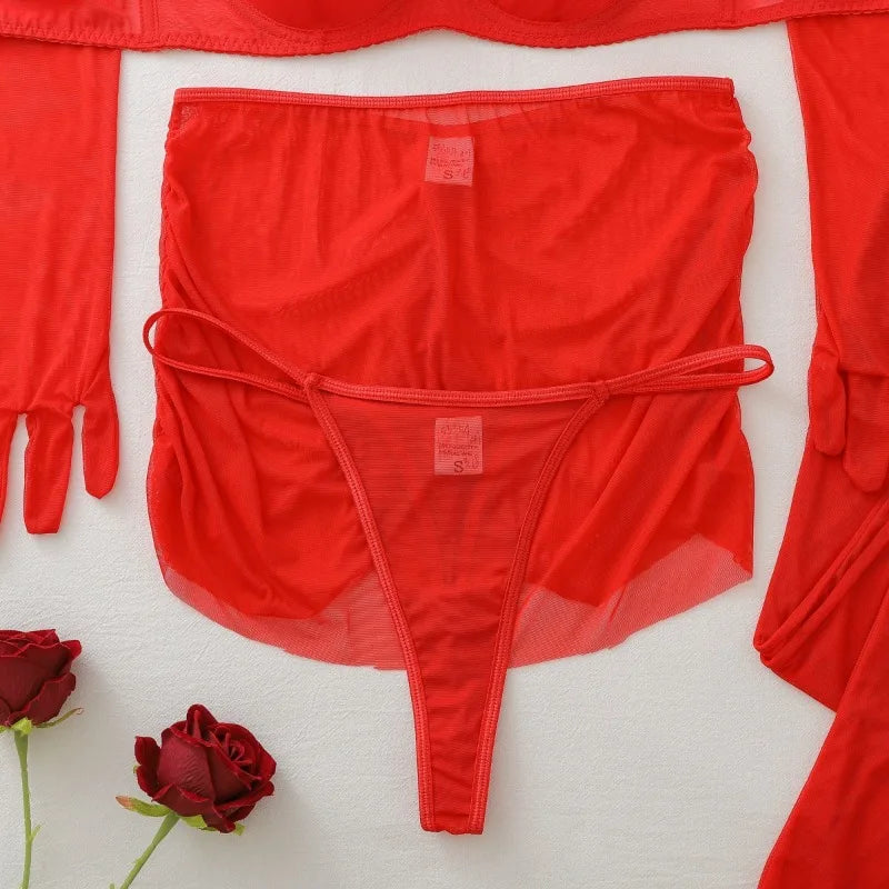 Seductive Red Women's Lingerie Sets Wild Sexy Sheer Mesh Double Strap Halter Bra Panty Mini Skirt Gloves Stocking 5PC Erotic Set