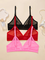 Sexy Transparent Ladies' Brassiere Three-piece Women's Bra Small Bust Mesh Lingerie Ultra-thin Triangle Double Shoulder Straps
