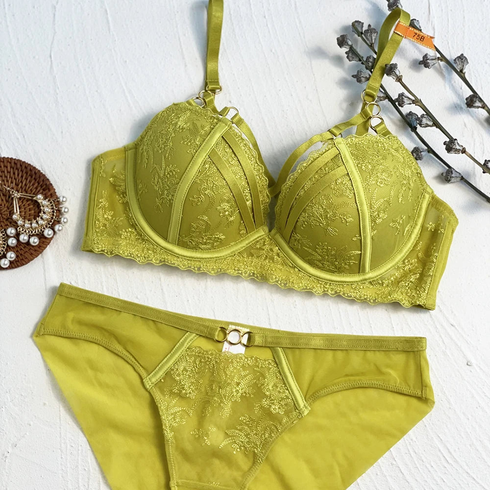 Women Lime Glow Floral Embroidery Lingerie Set Underwire Padded Strappy Bra Panty 2‑Pcs Gold Ring Intimate Underwear
