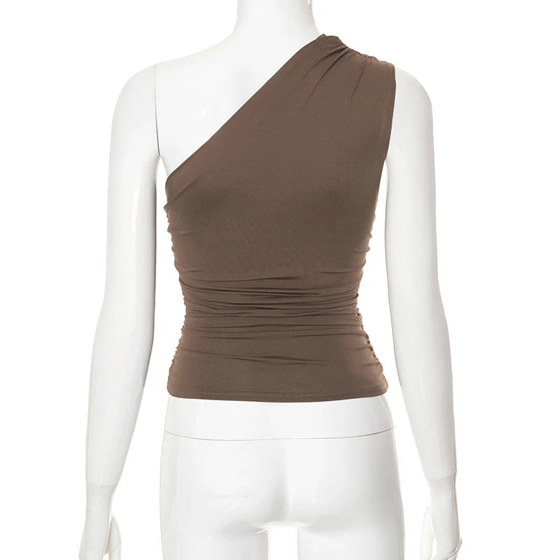 Solid Color One Shoulder Backless Shrink Tank Top T-Shirt Candy Color Tight Sexy Sleeveless Neckless Slim Casaul Top