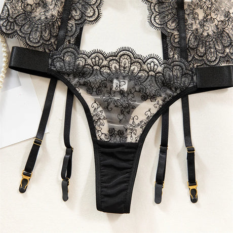 Krasapt Luxury Black Flower Embroidery Lingerie 4 Pcs Sets Fancy Mesh Transparent Metal Buckle Bra And Thong Garter Erotic Set
