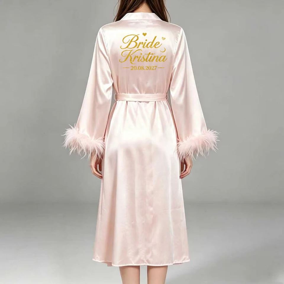 Custom Name Bride Robe Satin Feather Bridesmaid Robes Personalized Wedding Morning Gown Bachelorette Party Bathrobe