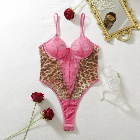 Tornova Bodysuit Fashion New Premium American Style Lace Leopard Print Splicing See Through Sexy Open Crotch Teddy Set for Women