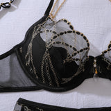 Fashionable spicy girl hanging neck metal chain heavy embroidery shaping sexy underwear five piece set