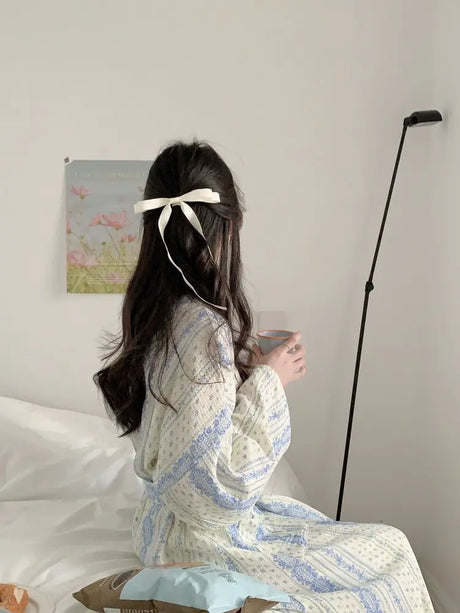 Sweet, Fresh, And Retro Striped Floral Nightgown and Pajamas for Women: Long-Sleeve Bathrobe and Loungewear for Spring and Fall