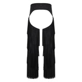 Mens Western Cowboy Chaps Fuax Suede Tassel Hollow Out Open Crotch Long Pants Adjustable Buckles Waist Motorcycle Biker Trousers