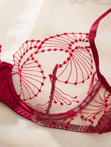 Women Red Embroidery Lingerie Set Sheer Mesh Underwire Bra And Thong Satin Trim Intimate Underwear ZA825287