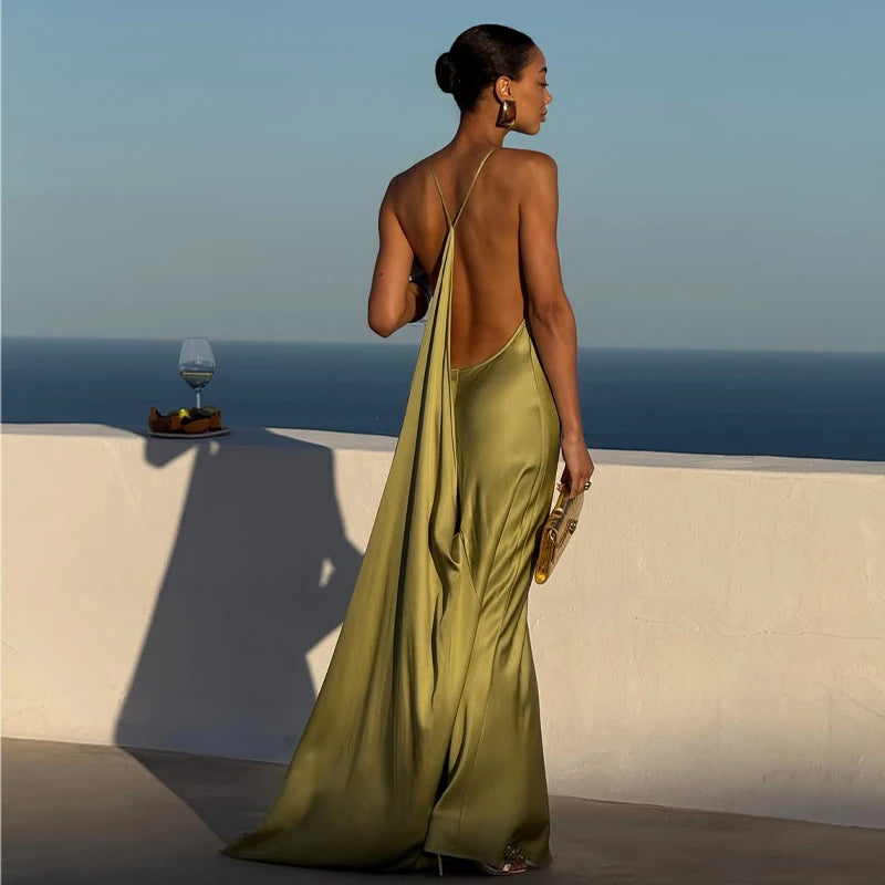 Elegant Solid Women's Dress Side Split Backless V-Neck Hip Package Lady Long Dresses 2026 Summer Autumn Female Party Robe New