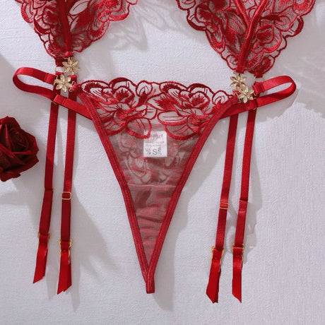 Women's Burgundy Lace Lingerie Set Underwire Bra Thong Panty Garter Straps Stockings Floral Embroidery Sexy Underwear Outfit