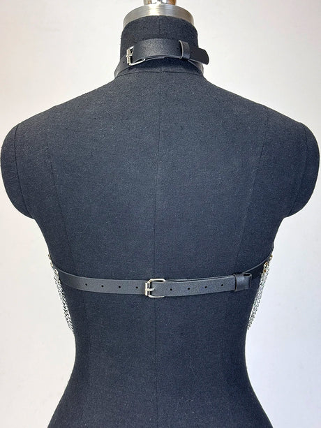 Women Gothic PU Leather Chest Harness Belt with Chain Bra Strap Adjustable Punk Y2K Body Harness Festival Layering Accessory