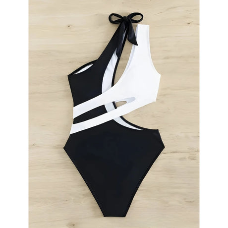 Sexy Swimwear Women Color Block Hollow Out Design One Shoulder Bikini Bodysuit Summer Beach Vacation High Cut One Piece Swimsuit
