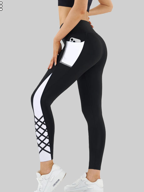 Contrast Geometric Print Pocket Yoga Leggings for Women, High Waist Compression Workout Gym Fitness Trousers