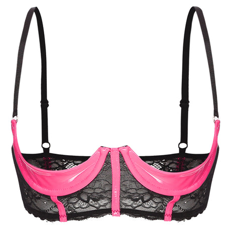 Womens Sexy Open Cup Underwired Bra Patent Leather See-through Floral Lace Brassiere Exposed Nipple Lingerie Underwear Nightwear