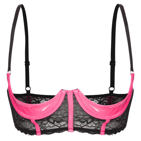 Womens Sexy Open Cup Underwired Bra Patent Leather See-through Floral Lace Brassiere Exposed Nipple Lingerie Underwear Nightwear