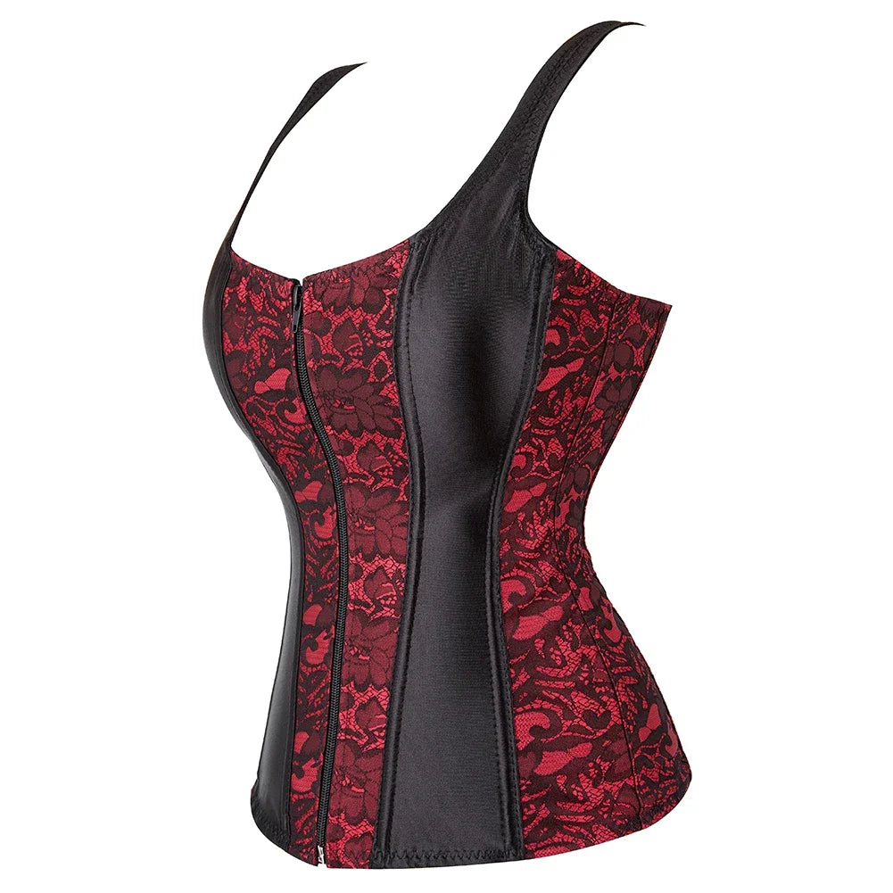 Gothic Corset Top With Straps Sexy Floral Zipper Brocade Overbust Lingerie Burlesque Body Shaper Lace Up Bustier Plus Size