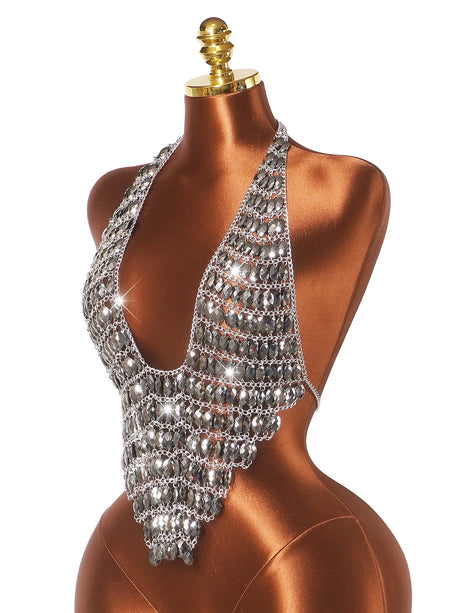 Women Sexy Backless Shine Diamond Body Chain Exotic Tanks Novelty Hollow Out Chest Chains Decor Bustier Tops Nightbar Clubwear