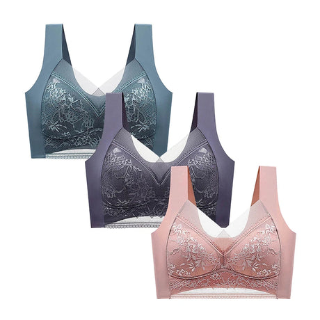 FallSweet 3PCS Lace Push Up Bras for Women Sexy Wireless Bra Ice Silk Deep V Bralette Tops Female Lingerie Mom's Underwear L-5XL