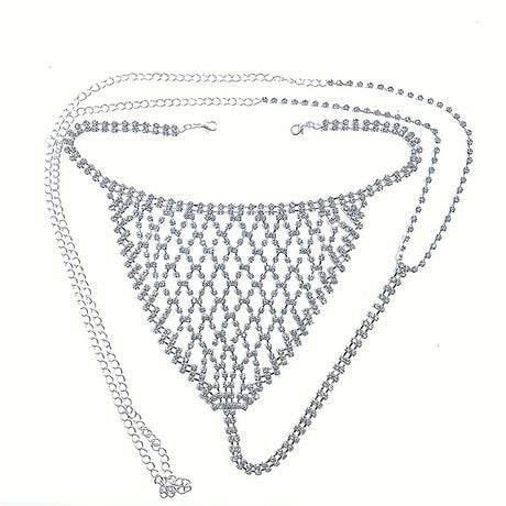 Women Bling Rhinestone Bikini Body Chain Set Sparkly Crystal Mesh Lingerie 2 Piece Halter Triangle Bra Panty Club Party Outfit