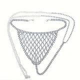 Women Bling Rhinestone Bikini Body Chain Set Sparkly Crystal Mesh Lingerie 2 Piece Halter Triangle Bra Panty Club Party Outfit